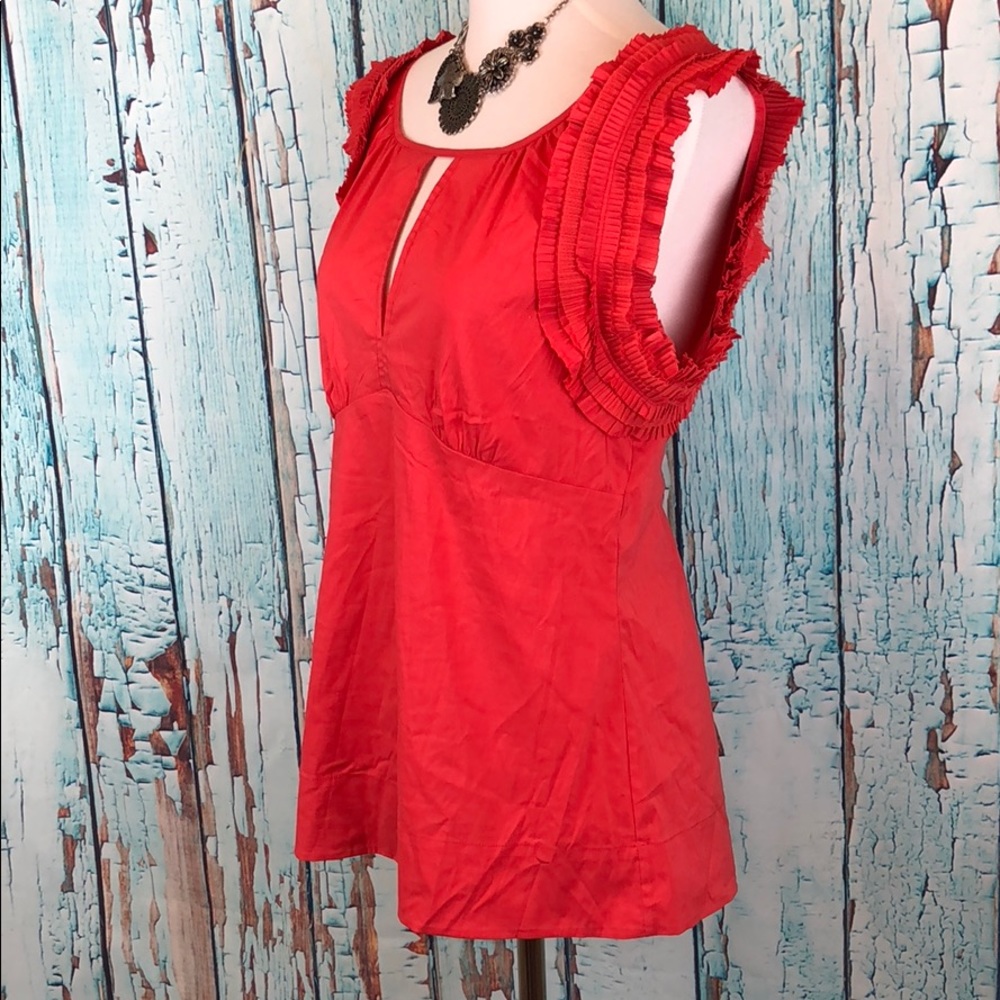 BCBG Maxazria Blouse Orange Sleeveless Ruffled Keyhole V Neck S - Picture 4 of 9